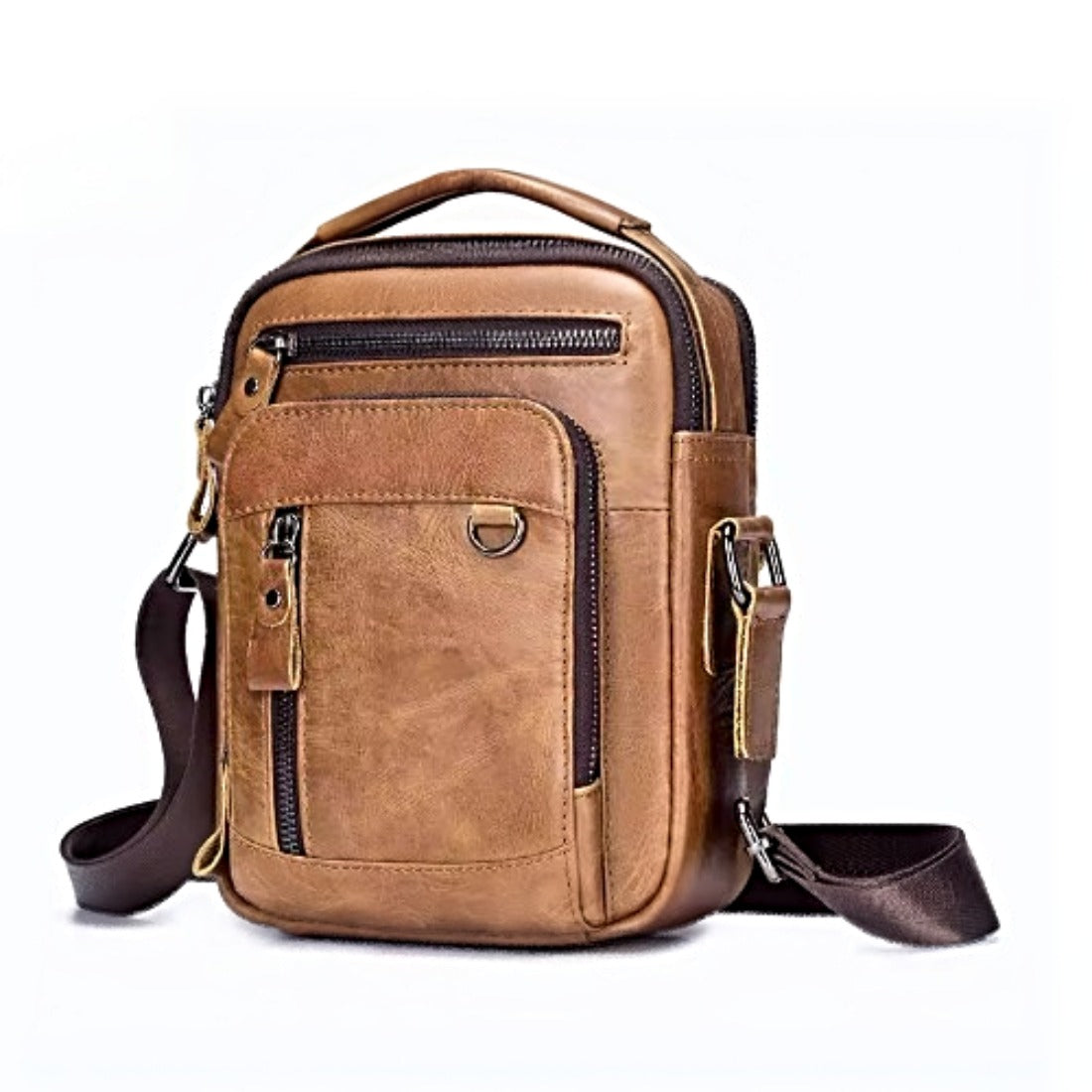 Timeless Axis Crossbody upscale durable leather bag in brown with double zip compartments and front pocket compact yet spacious rugged design shown upright