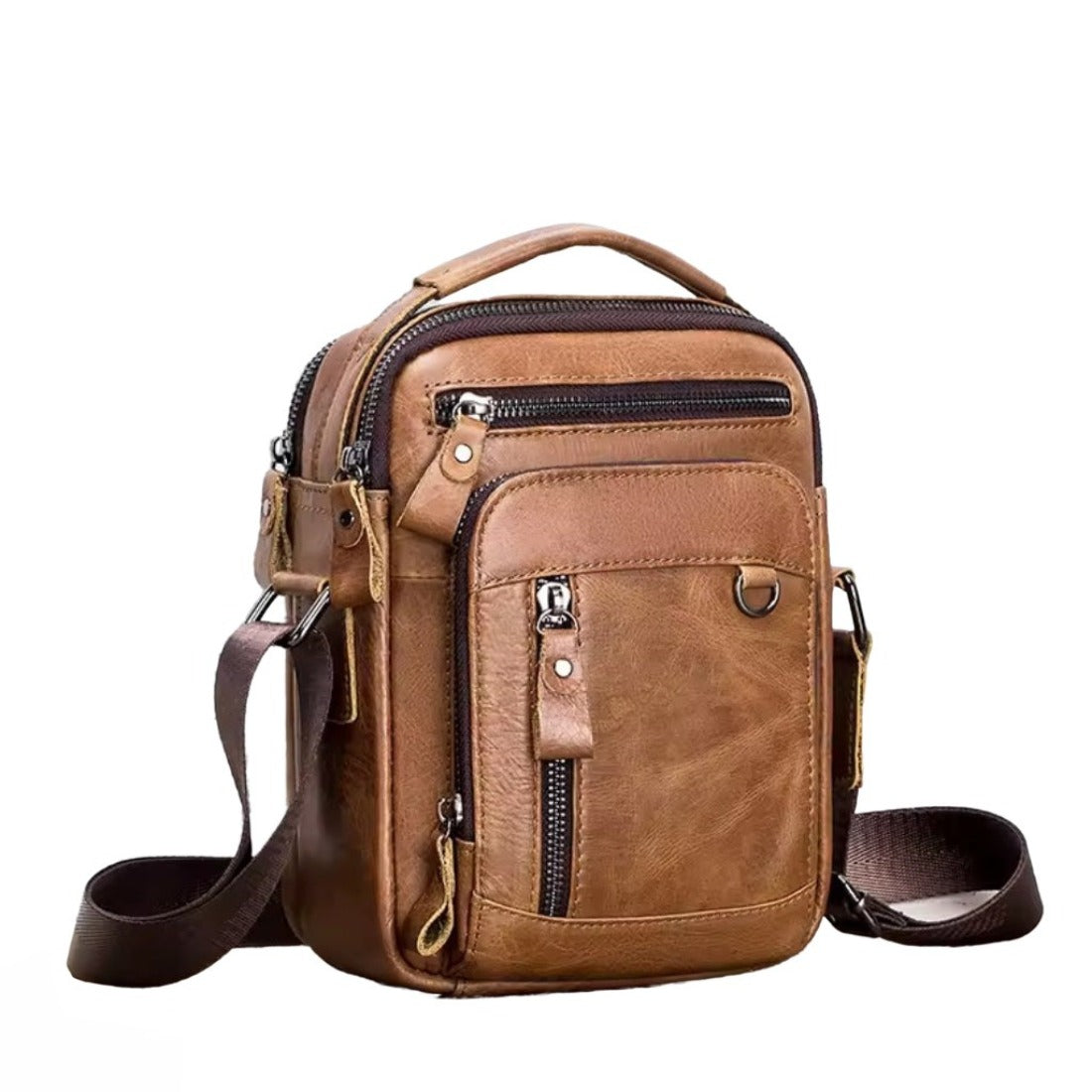 Timeless Axis Crossbody durable genuine leather bag in brown with double zip compartments and front pocket rugged yet upscale design shown upright