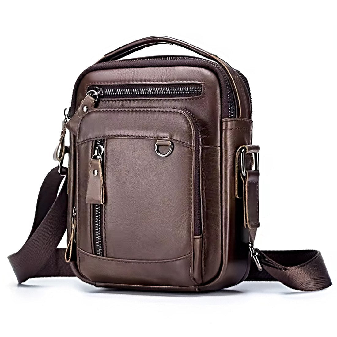 Timeless Axis Crossbody durable genuine leather bag in brown with double zip compartments and front pocket rugged yet upscale design shown upright