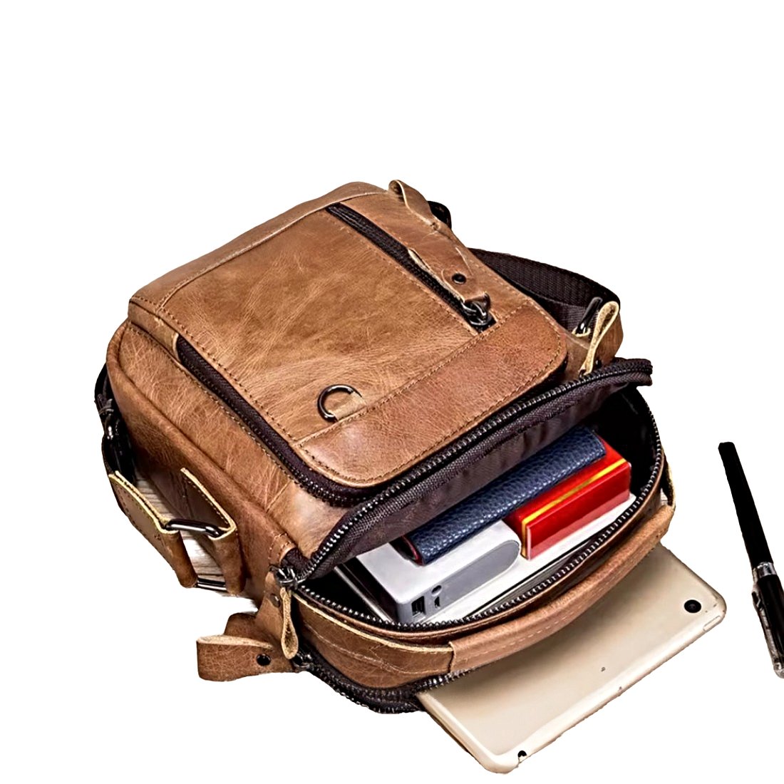 Timeless Axis Crossbody in brown front-open spacious durable genuine leather multi pocket layout for everyday carry