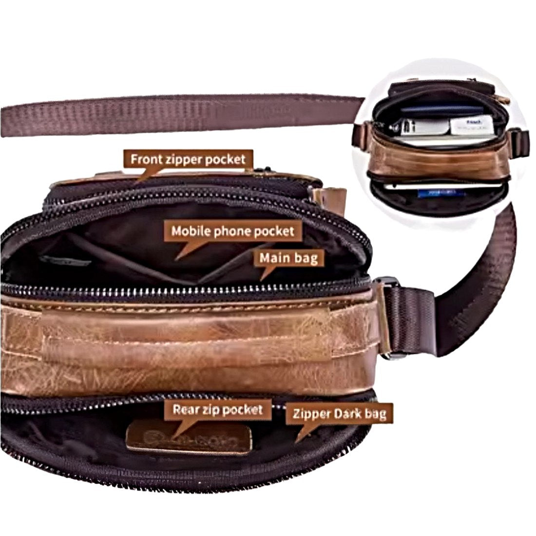 Timeless Axis Crossbody durable genuine leather bag top view showing organized interior with front zipper pocket mobile phone pocket rear zip pocket and spacious main compartment