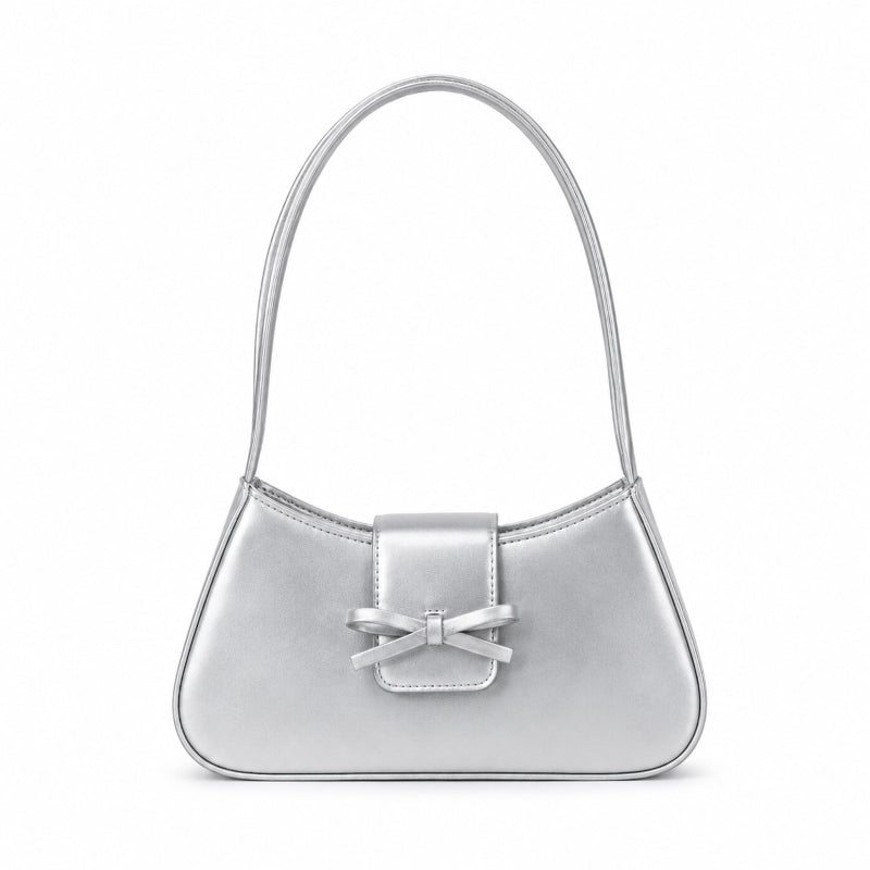 Timeless Bow Carry silver vegan leather handbag compact structured design with elegant bow accent womens shoulder bag