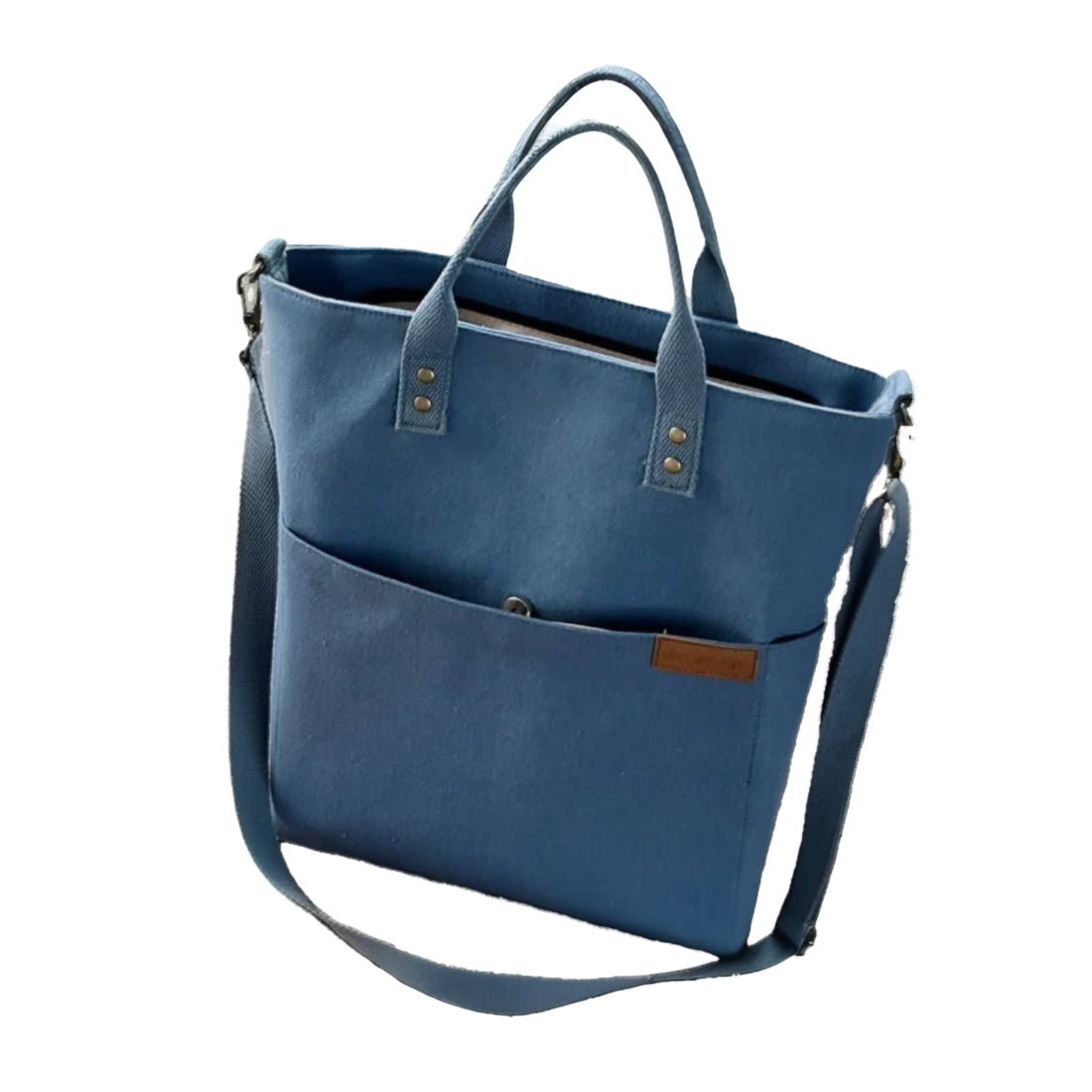 Timeless Canvas Carry in blue durable upscale premium canvas tote with genuine leather handles spacious multi pocket design and crossbody strap