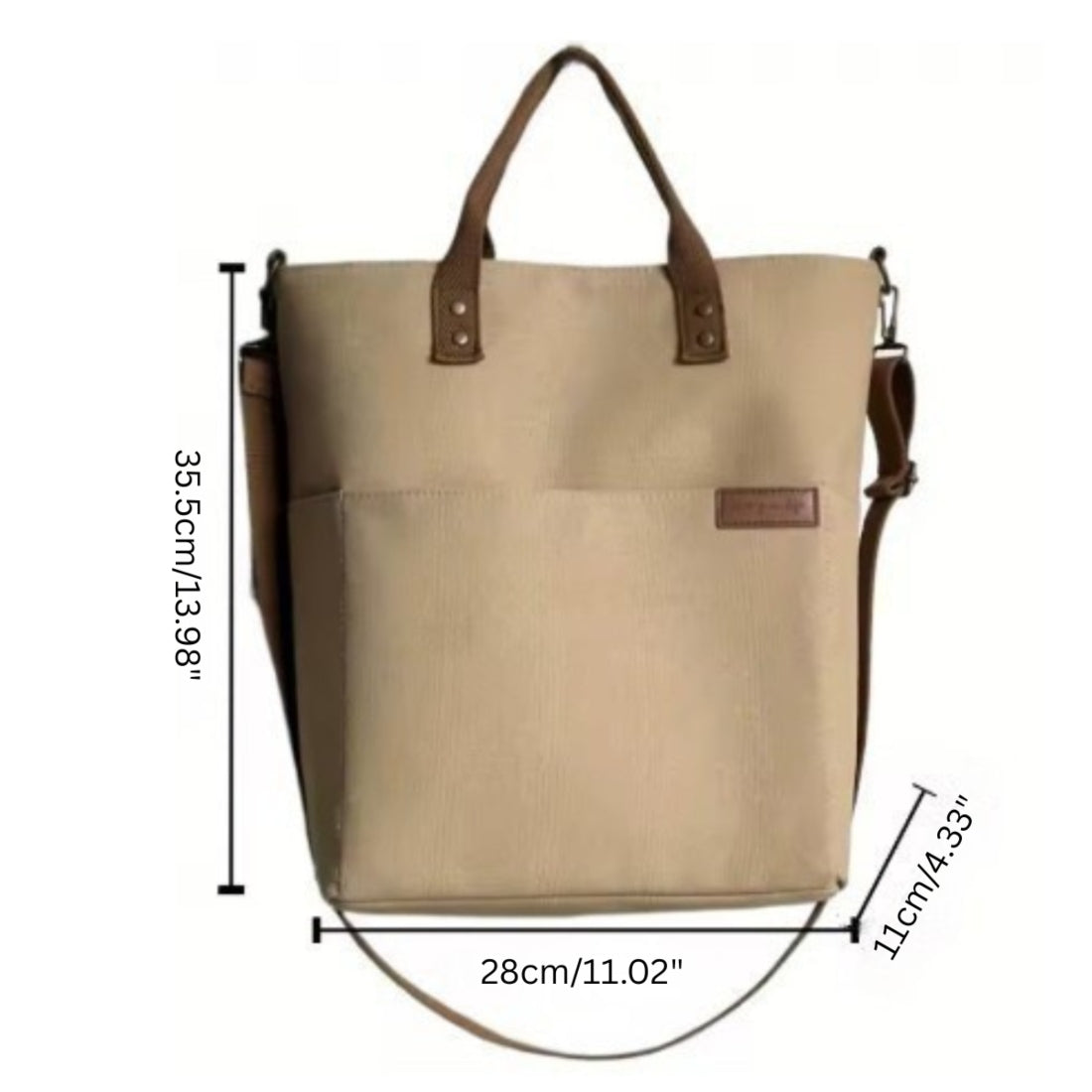 Khaki Timeless Canvas Carry minimalist upscale premium canvas tote with dual genuine leather handles crossbody strap and product dimensions