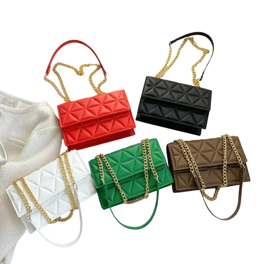 Timeless Chain Crossbody luxury bag in red vegan leather with structured square silhouette subtle plaid texture gold chain strap and flap closure showcasing bold statement styling polished premium finish and compact everyday elegance