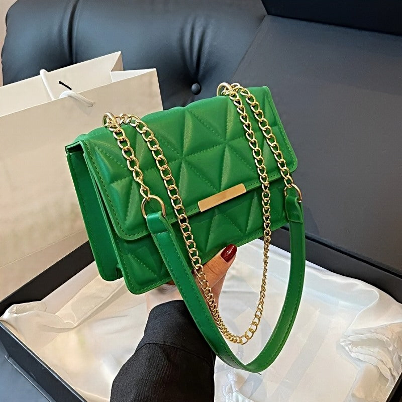 Timeless Chain Crossbody women's green vegan leather quilted crossbody bag with gold chain strap