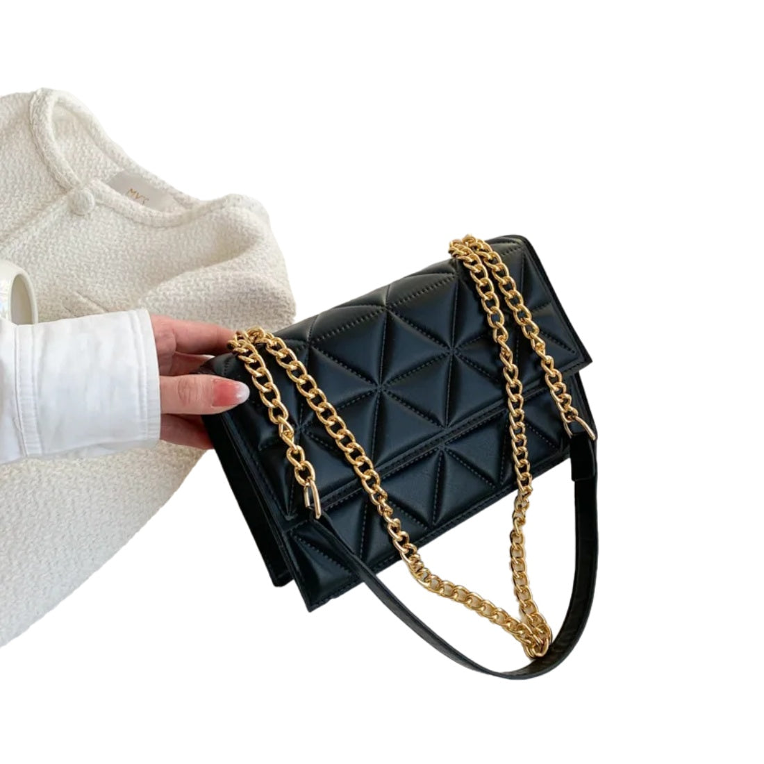 Timeless Chain Crossbody upscale bag in black vegan leather with structured square silhouette subtle plaid texture gold chain strap and flap closure showcasing sleek minimalist styling polished premium finish and compact everyday elegance