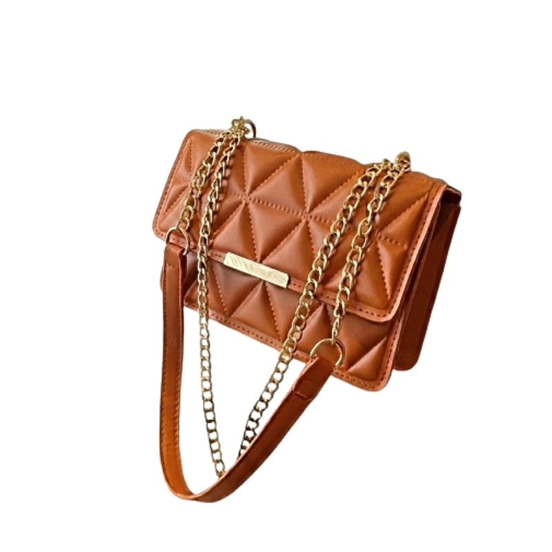 Timeless Chain Crossbody women’s quilted brown vegan leather bag with gold chain strap