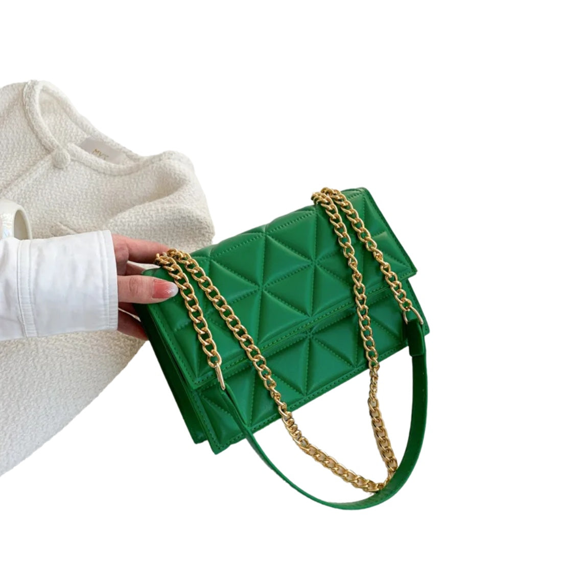 Timeless Chain Crossbody bag in upscale green vegan leather with structured square silhouette subtle plaid texture gold chain strap and flap closure showcasing vibrant contemporary styling polished premium finish and compact everyday elegance