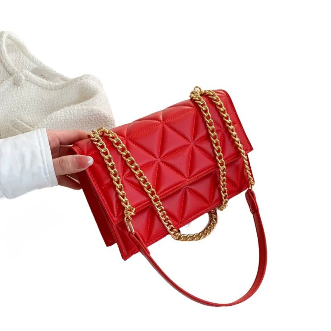 Timeless Chain Crossbody luxury bag in red vegan leather with structured square silhouette subtle plaid texture gold chain strap and flap closure showcasing bold statement styling polished premium finish and compact everyday elegance