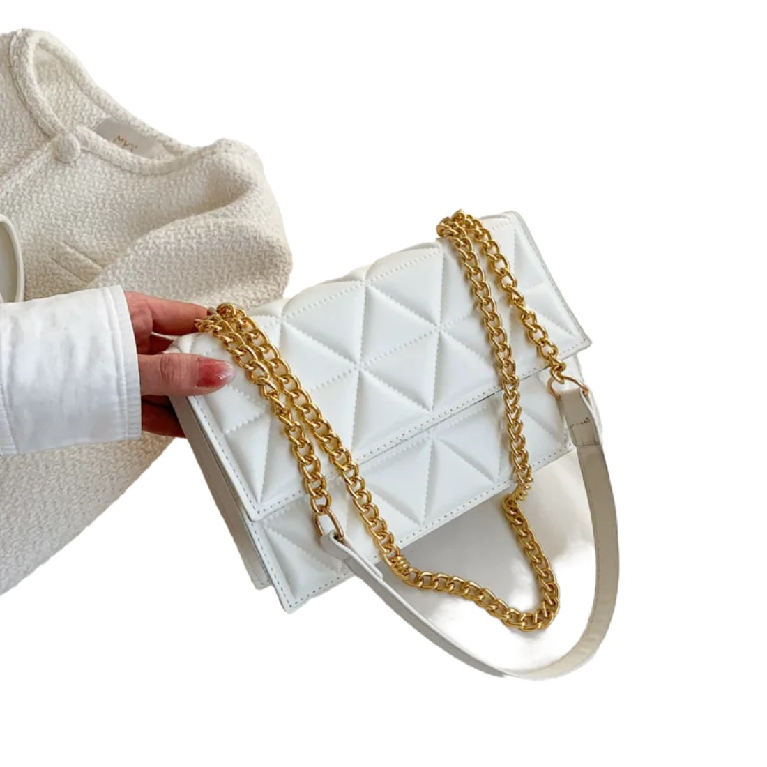 Timeless Chain Crossbody bag in white luxury vegan leather with structured square silhouette subtle plaid texture gold chain strap and flap closure showcasing crisp modern styling polished premium finish and compact everyday elegance