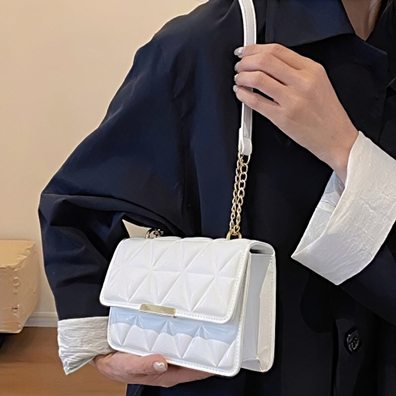 Timeless Chain Crossbody women’s white quilted vegan leather crossbody bag with gold chain strap