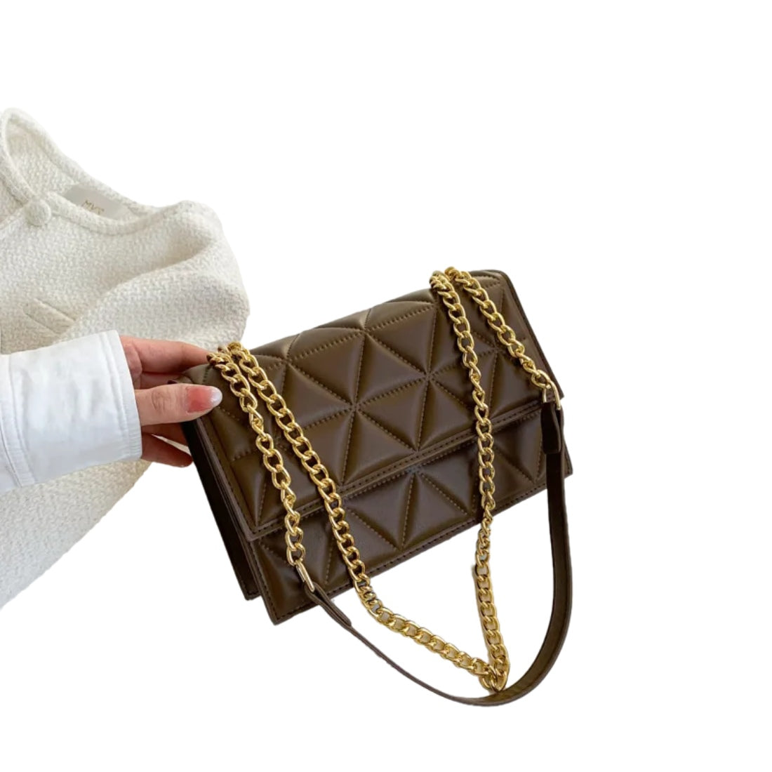 Timeless Chain Crossbody bag in brown premium vegan leather with structured square silhouette subtle plaid texture gold chain strap and flap closure showcasing warm classic styling polished premium finish and compact everyday elegance
