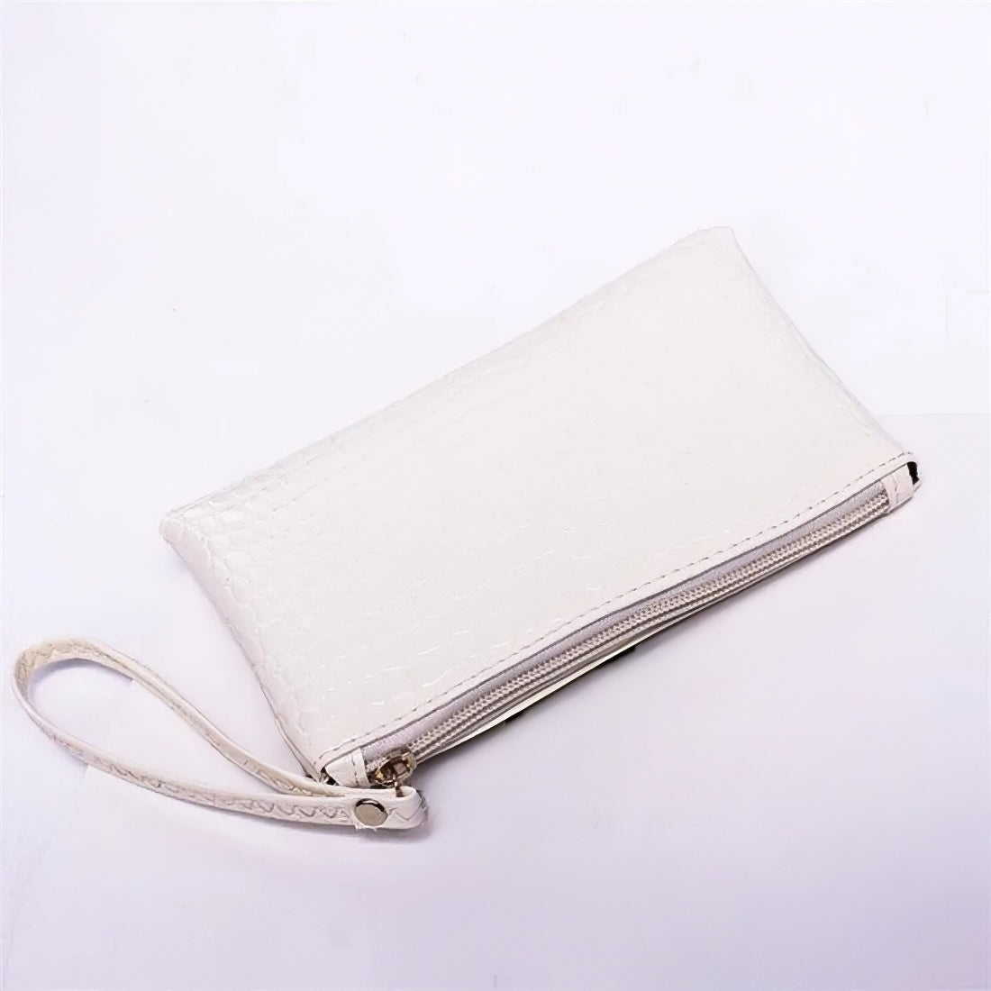beige timeless croc wristlet vegan leather clutch bag styled as a leather wallet