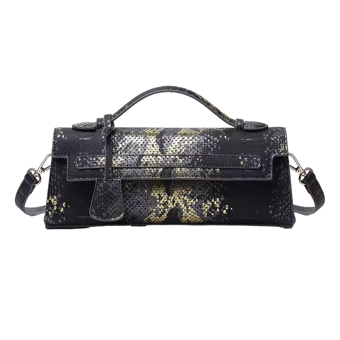 Timeless Elle Petite upscale handbag in black and gold snake embossed luxury vegan leather upscale accessory