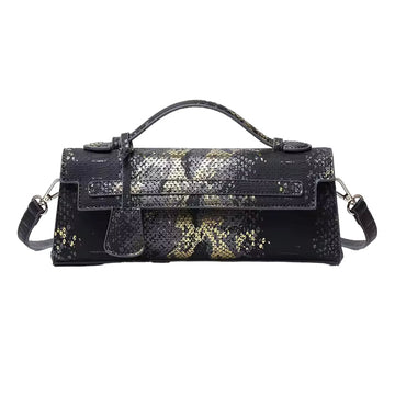 Timeless Elle Petite upscale handbag in black and gold snake embossed luxury vegan leather upscale accessory