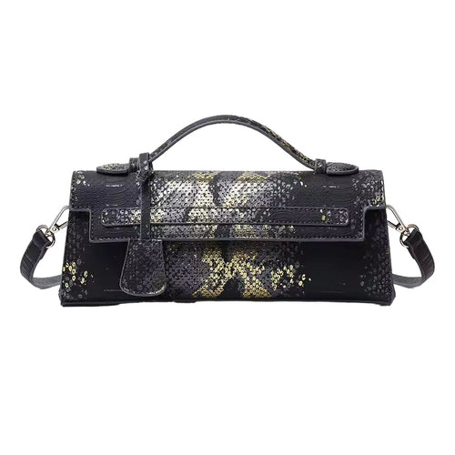 Timeless Elle Petite black gold snake embossed vegan leather womens handbag structured petite luxury womens leather crossbody shoulder bag