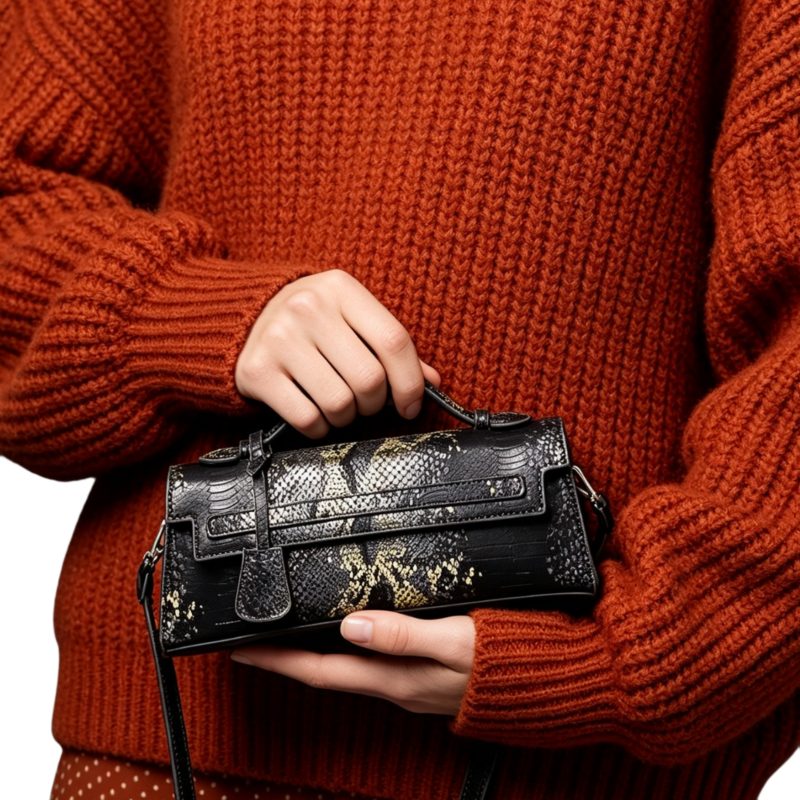Timeless Elle Petite women's green vegan leather clutch bag with textured finish, top handle, crossbody strap
