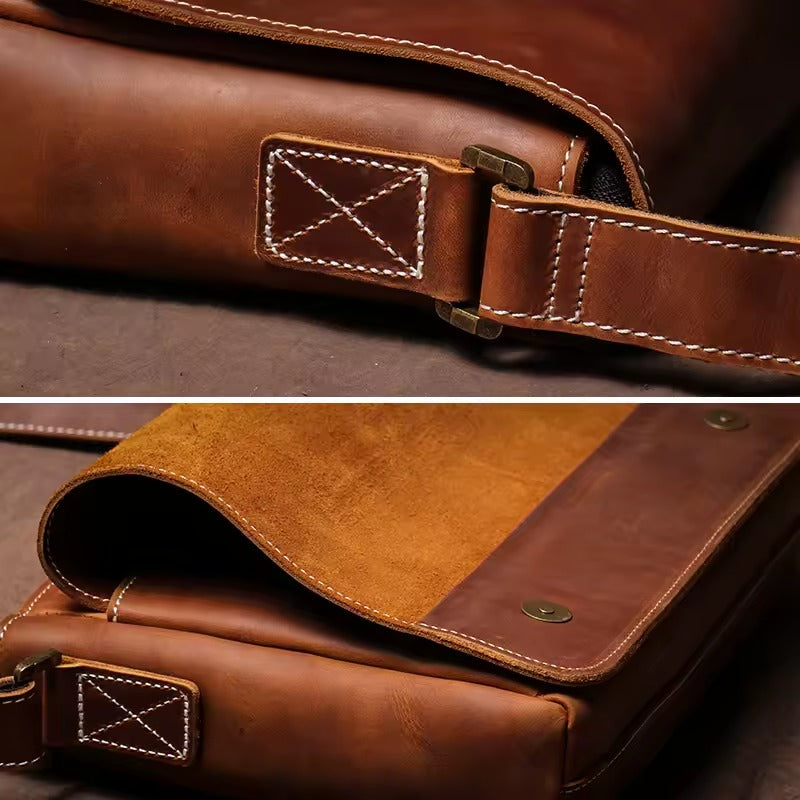 Timeless Ledger Messenger men’s leather crossbody bag in brown, flap and strap detail