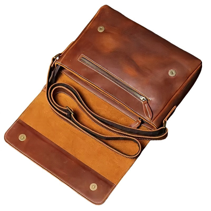 Timeless Ledger Messenger men’s leather crossbody bag in brown, open flap detail