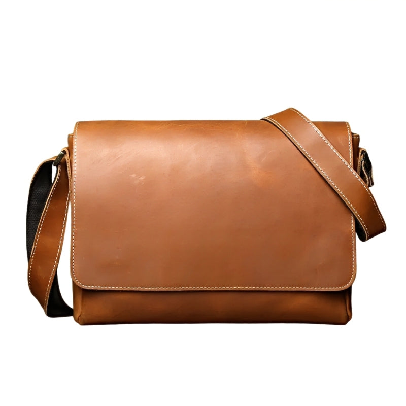 Timeless Ledger Messenger tan mens leather crossbody bag with adjustable strap