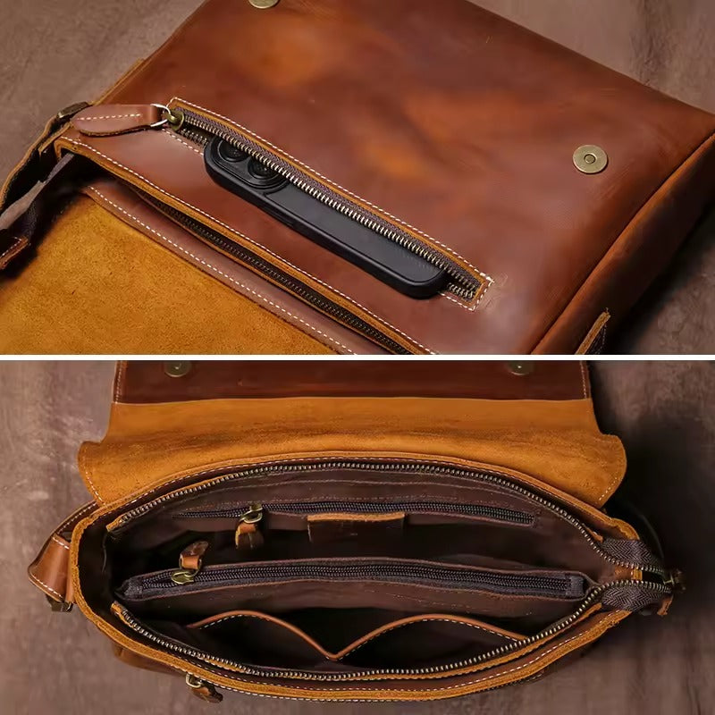 Timeless Ledger Messenger men’s leather crossbody bag in brown, interior compartments and front pocket detail