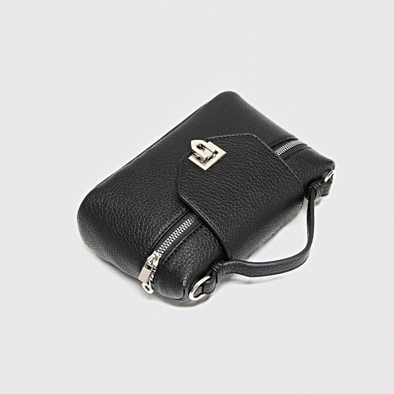 Timeless Petite Luxe Black flat women's vegan leather crossbody bag with zipper and silver hardware