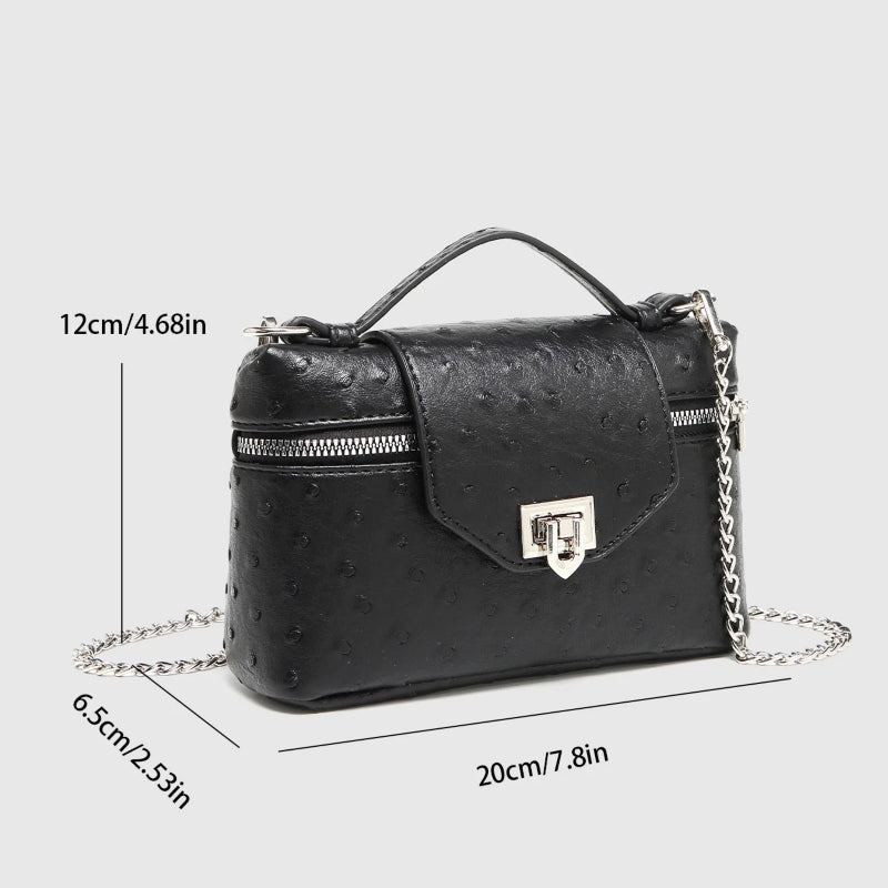 Timeless Petite Luxe women's black vegan leather crossbody bag with top handle and chain strap, shown with measurements.