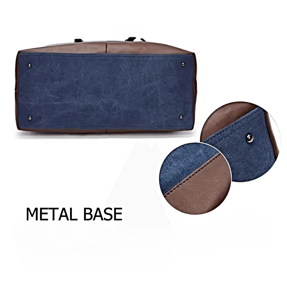 Timeless Travel Carry bag bottom view showing reinforced metal base with corner studs and textured canvas and leather materials includes circular close ups of blue and brown base options showcasing luxury structural detailing upscale craftsmanship and premium travel ready durability