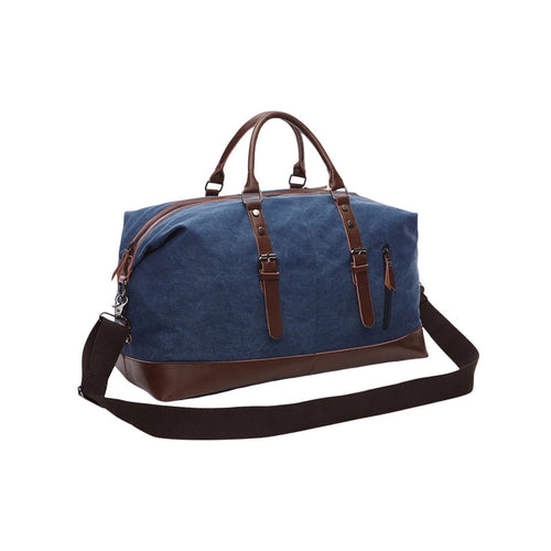 Timeless Travel Carry blue canvas and leather mens travel bag weekender bag with brown leather accents and shoulder strap