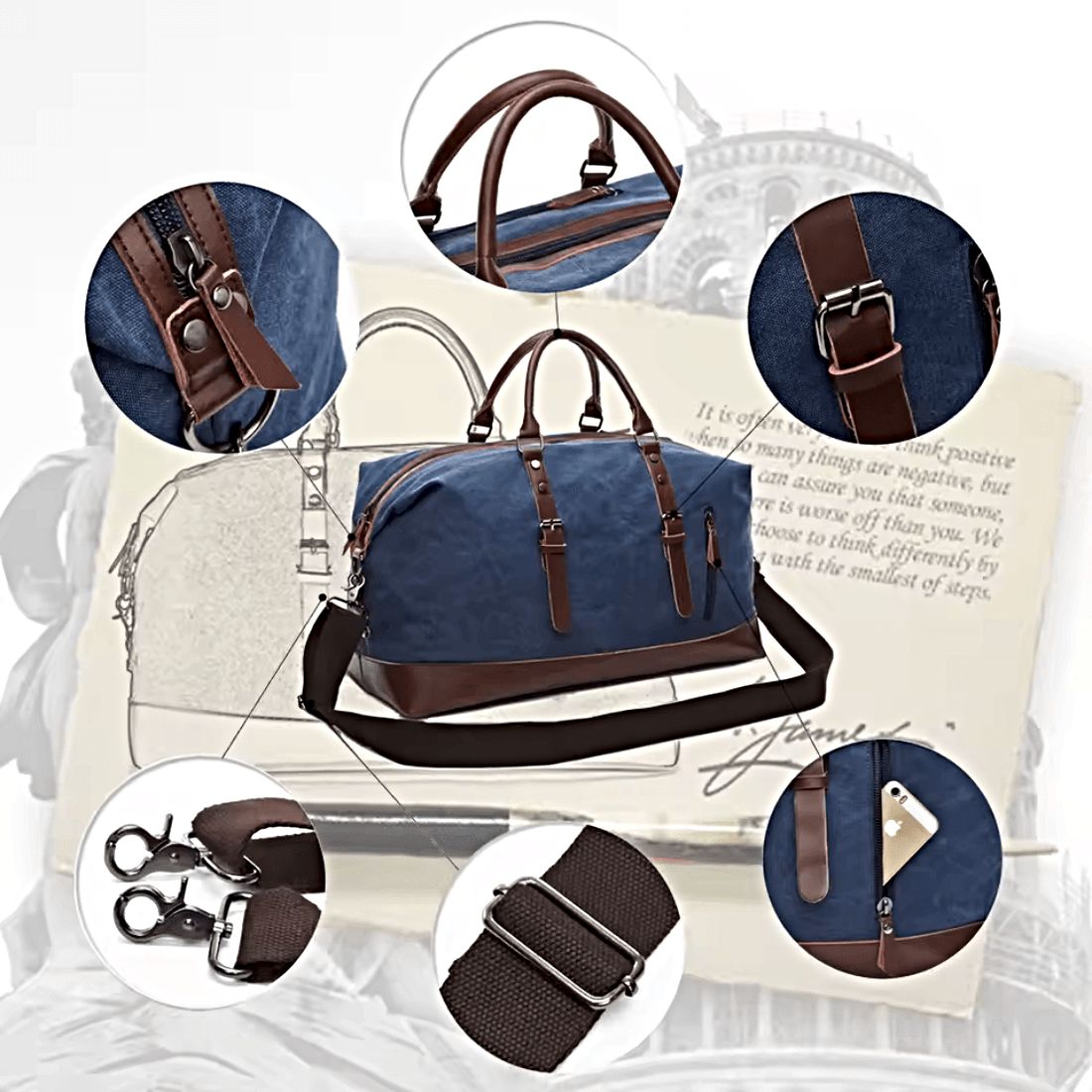 Timeless Travel Carry bag in durable blue canvas with genuine brown leather accents shown with circular close ups of stitched handles zipper and strap attachments detachable adjustable shoulder strap pocket and side profile showcasing luxury feature detailing upscale craftsmanship premium organization and versatile travel ready design