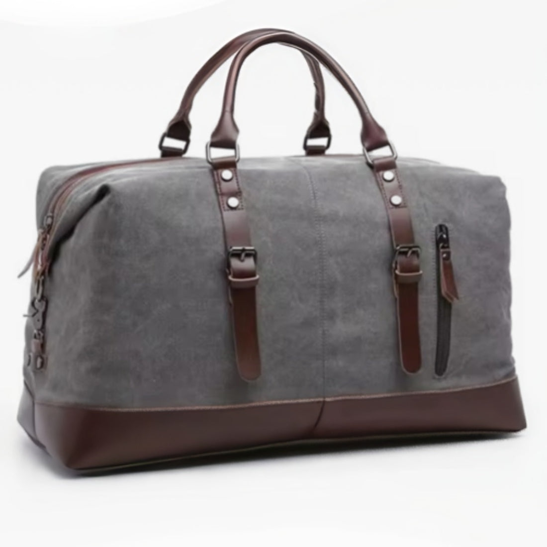 Timeless Travel Carry bag in grey durable canvas with genuine brown leather accents structured rectangular silhouette dual top handles adjustable detachable shoulder strap and reinforced leather base showcasing luxury travel styling upscale craftsmanship premium finish and spacious carry on friendly design