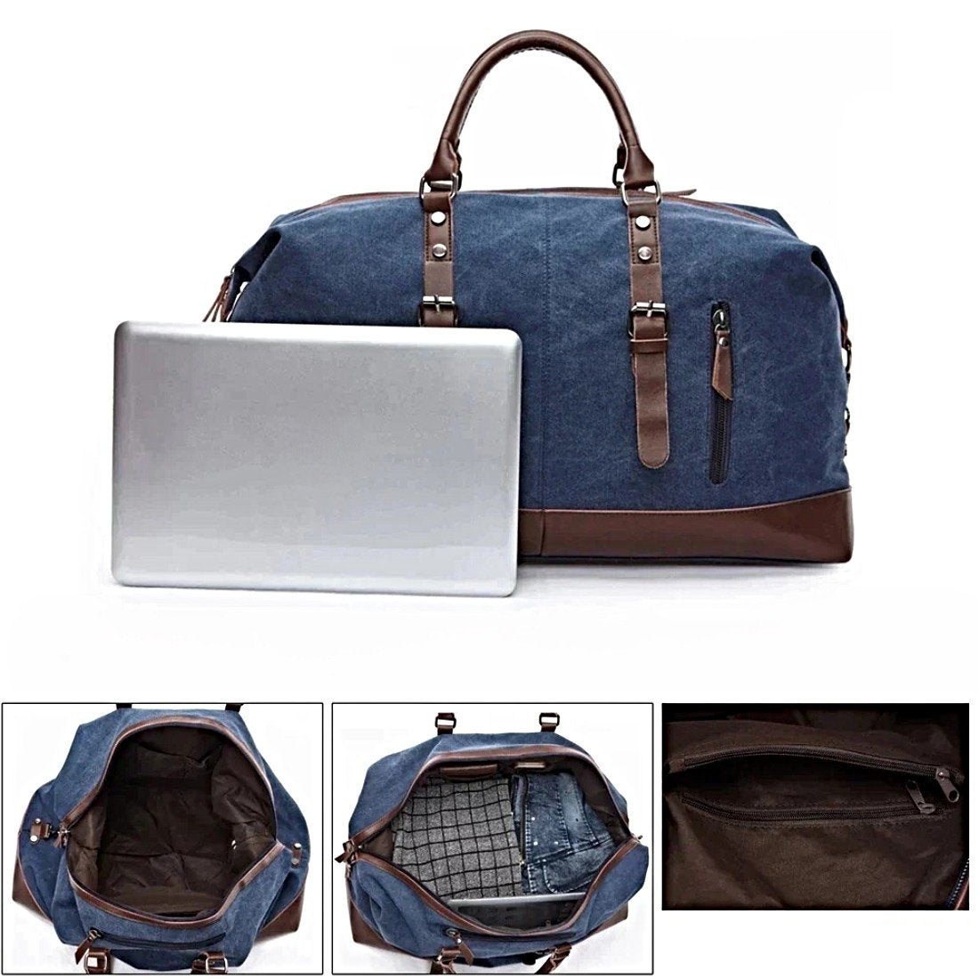 Timeless Travel Carry bag in blue canvas with genuine brown leather accents shown with silver laptop in front and interior views including open top compartment structured lining and zippered pocket showcasing luxury storage capacity upscale organization premium durable craftsmanship and carry on friendly design