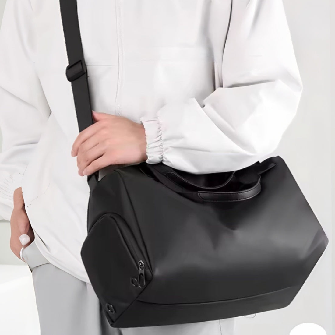 Timeless Trek Duffel black waterproof gym travel bag worn crossbody versatile durable design