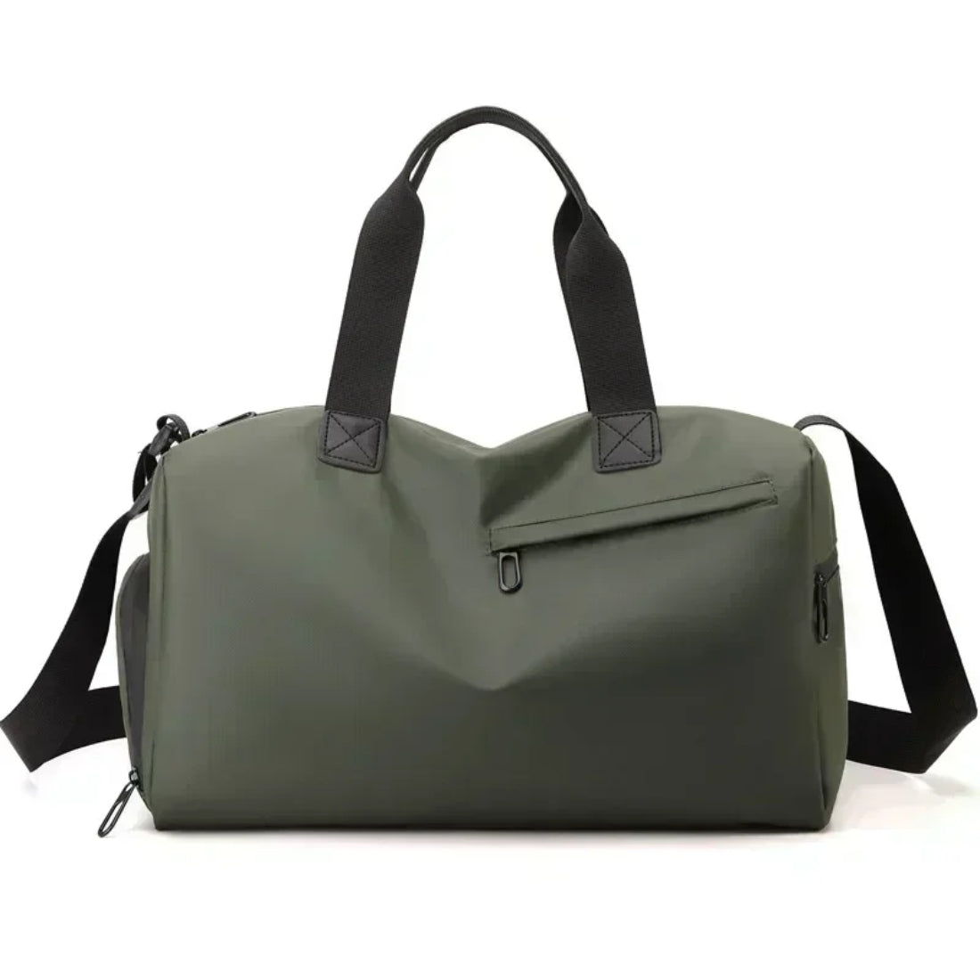 Timeless Trek Duffel bag green waterproof oxford fabric with black handles and adjustable shoulder strap versatile durable gym and travel bag
