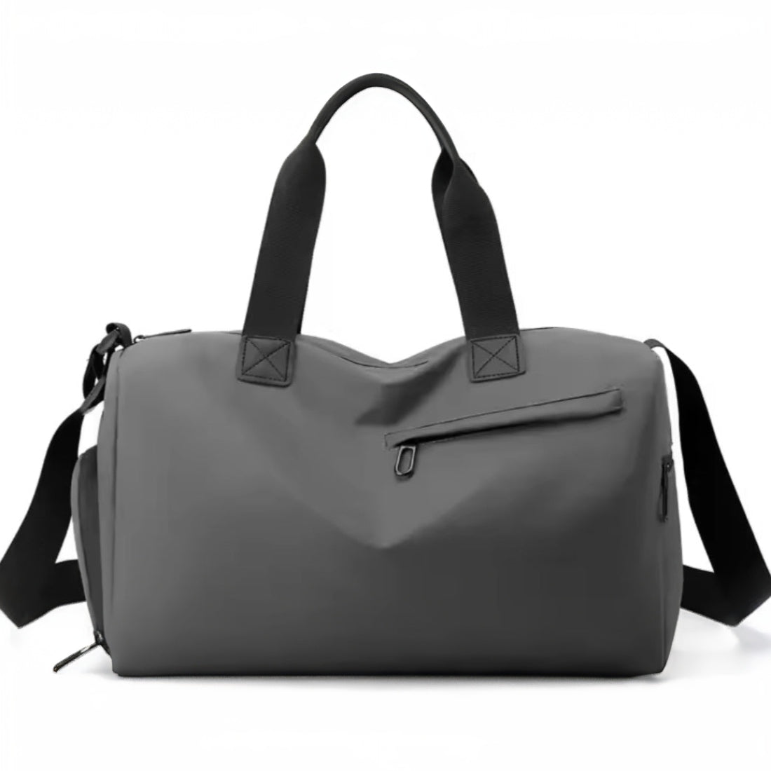 Timeless Trek Duffel bag grey waterproof oxford fabric with black handles and adjustable shoulder strap premium durable gym and travel bag
