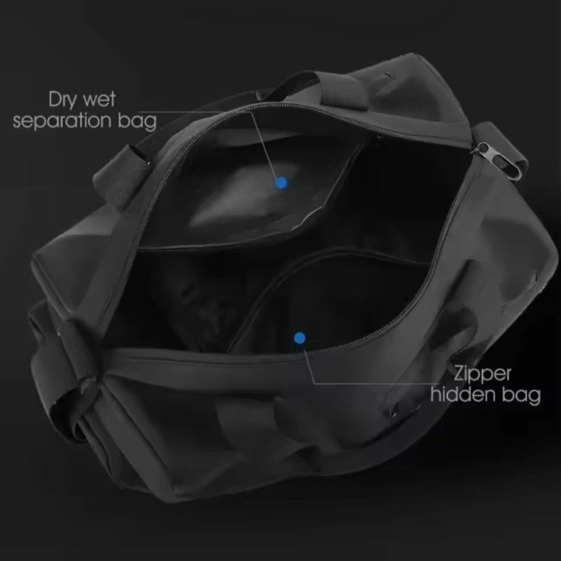 Timeless Trek Duffel bag interior dry and wet separation compartment with hidden zipper pocket durable premium waterproof gym and travel bag