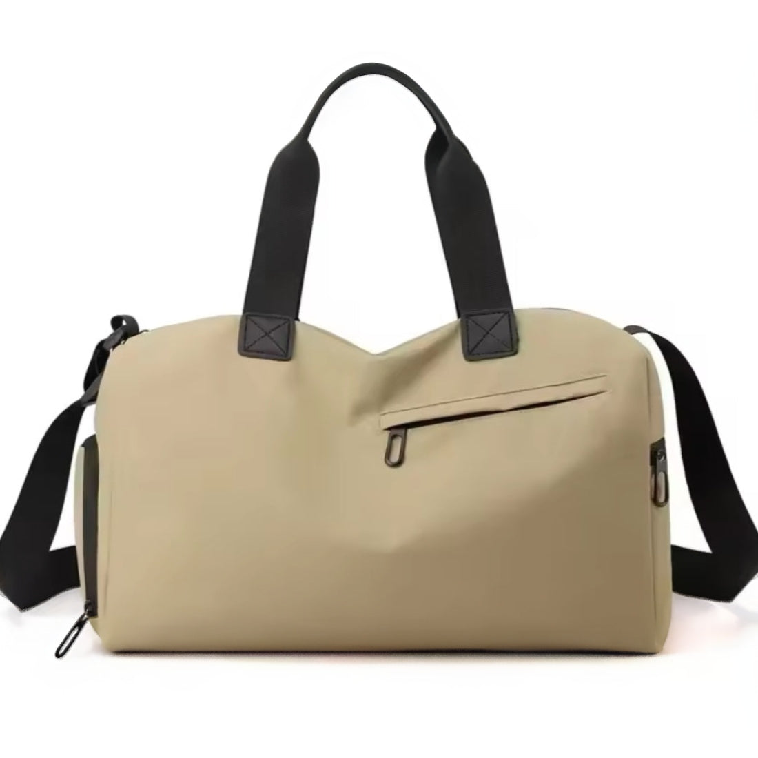 Timeless Trek Duffel bag khaki waterproof oxford fabric with black handles and adjustable shoulder strap versatile durable gym and travel bag