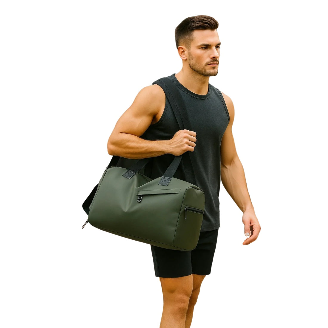 Timeless Trek Duffel green waterproof gym travel bag carried by model versatile durable design