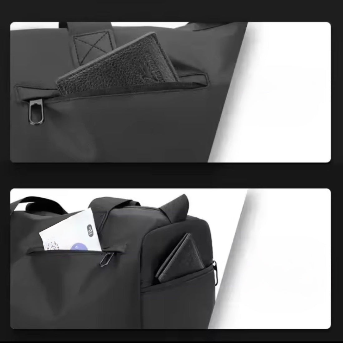 Timeless Trek Duffel bag black multiple exterior zip pockets premium durable waterproof oxford fabric gym and travel bag smart storage design