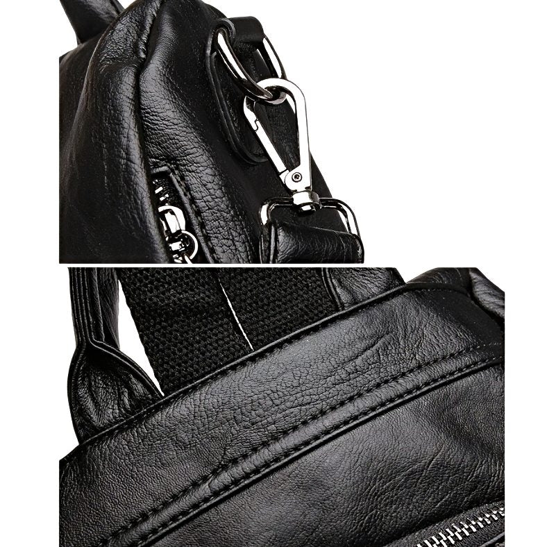 Urban Ease Backpack women's backpack close-up, black vegan leather with zipper and silver hardware