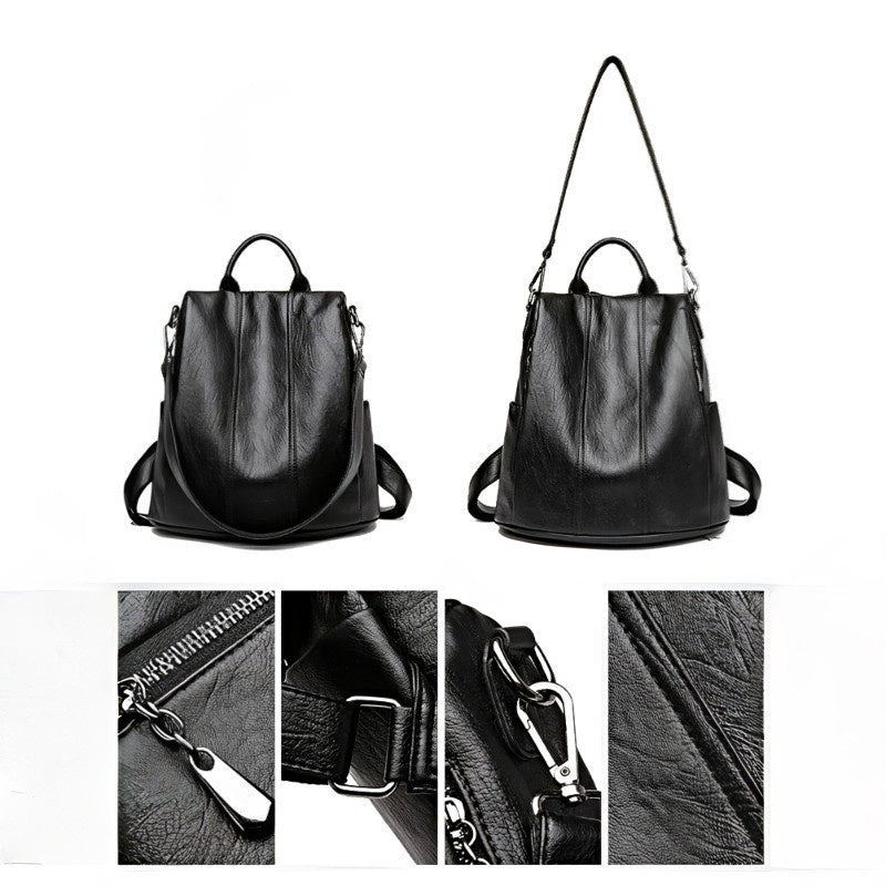 Urban Ease backpack, women's black vegan leather, convertible straps, silver hardware details