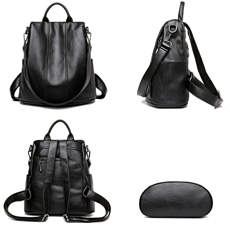 Urban Ease Backpack, women's black vegan leather, with silver hardware, convertible shoulder and backpack straps, shown front, side, back, and bottom views.