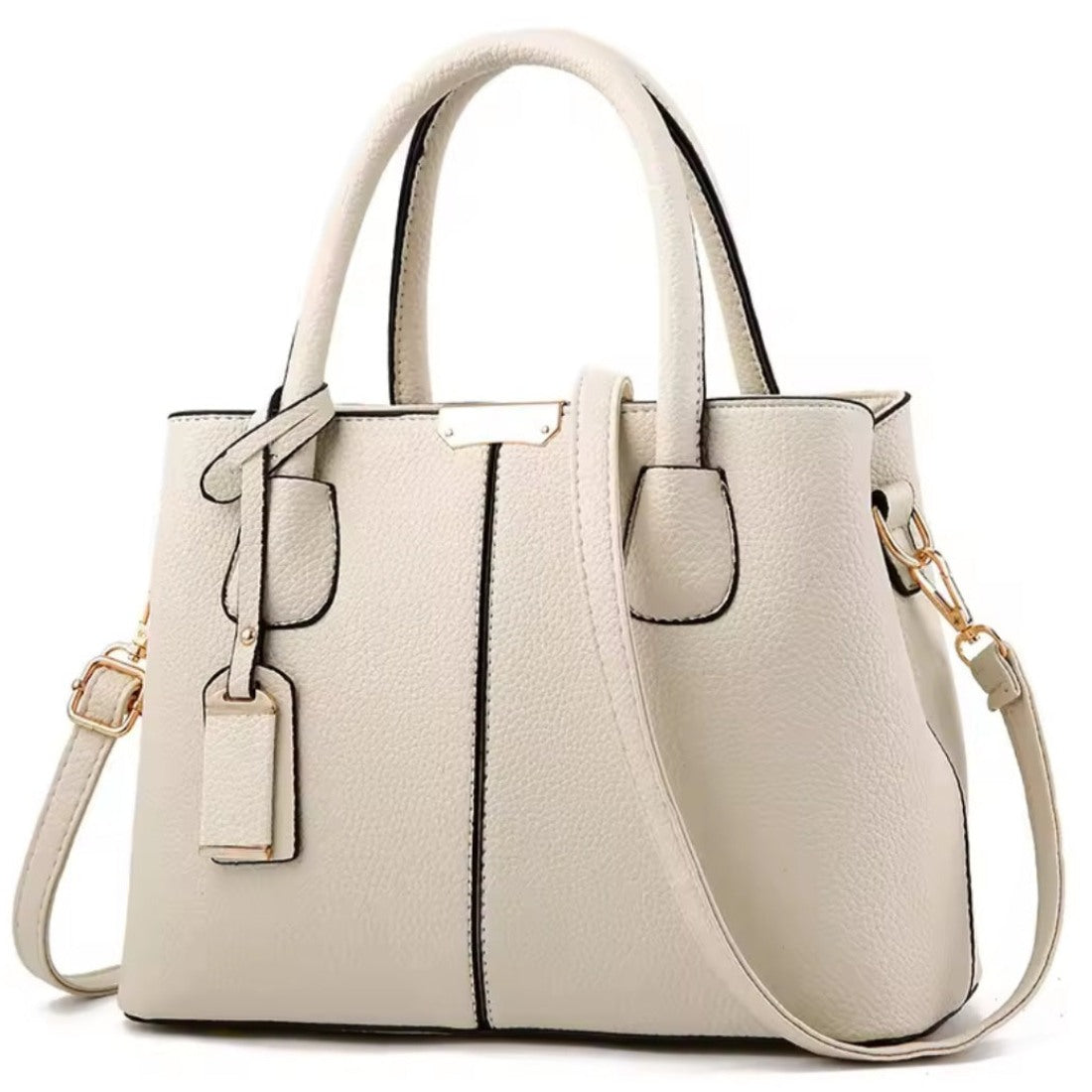 Urban Elegance Satchel in beige vegan luxury leather with pebbled texture structured silhouette dual top handles adjustable detachable shoulder strap gold tone hardware and hanging tag accessory showcasing modern polished design durable premium construction and versatile elegant styling for everyday sophistication