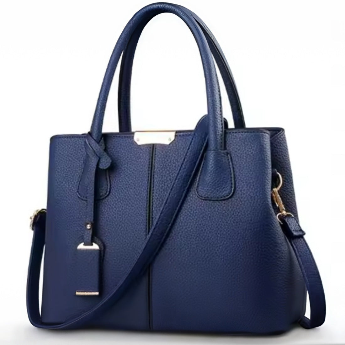 Urban Elegance Satchel in deep blue vegan luxury leather with structured silhouette dual top handles adjustable detachable shoulder strap gold tone hardware and hanging tag accessory showcasing refined modern design durable premium construction and versatile styling for everyday sophistication with a bold twist