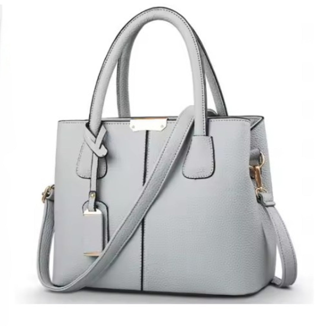 Urban Elegance Satchel in light grey vegan luxury leather with structured silhouette dual top handles adjustable detachable shoulder strap and gold tone hardware showcasing soft neutral styling durable premium construction and versatile elegance for refined everyday carry