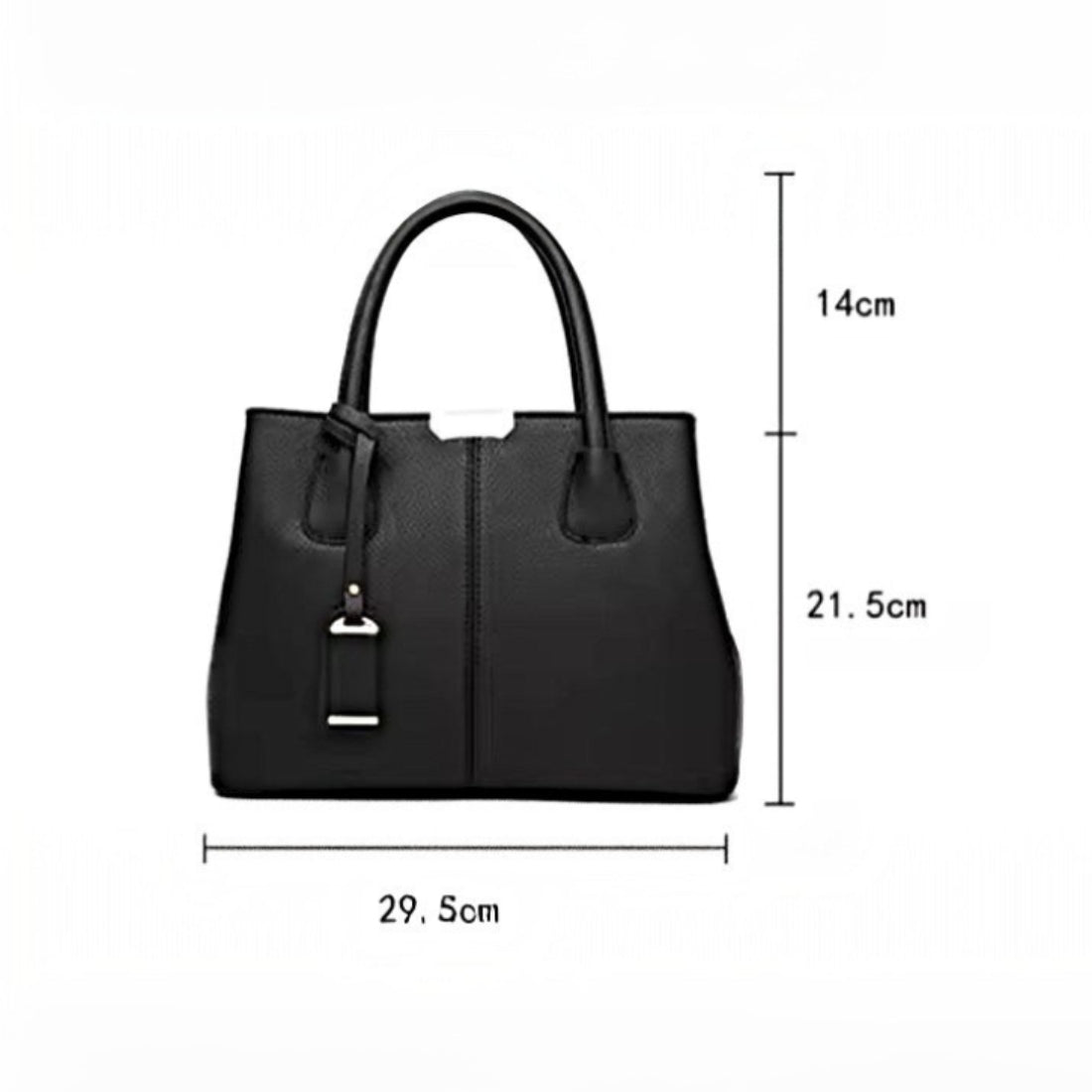 Urban Elegance Satchel in black vegan luxury leather with structured silhouette dual top handles and gold tone hardware shown with labeled dimensions showcasing refined modern styling durable premium construction and compact elegance for everyday carry