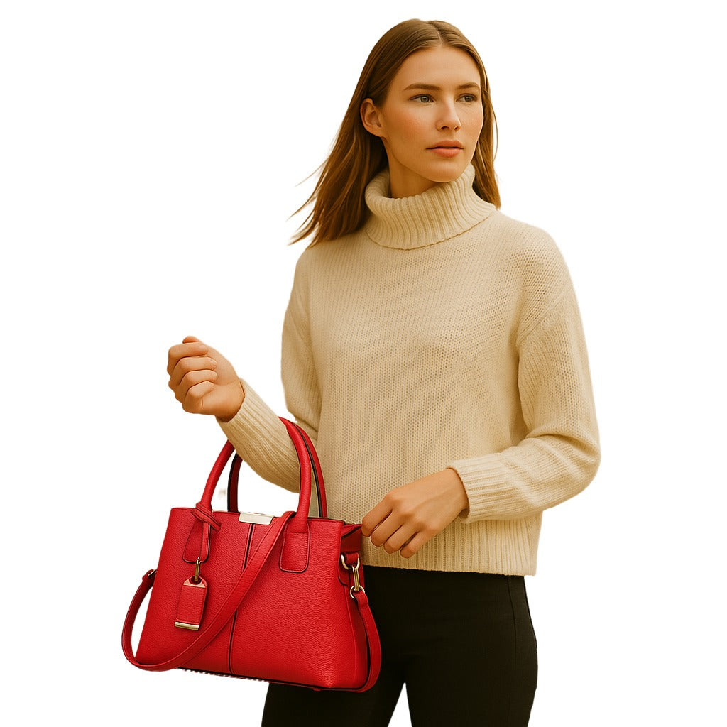 Urban Elegance Satchel in red vegan luxury leather shown held by model showcasing bold elegant styling structured silhouette and versatile premium construction for refined upscale everyday wear