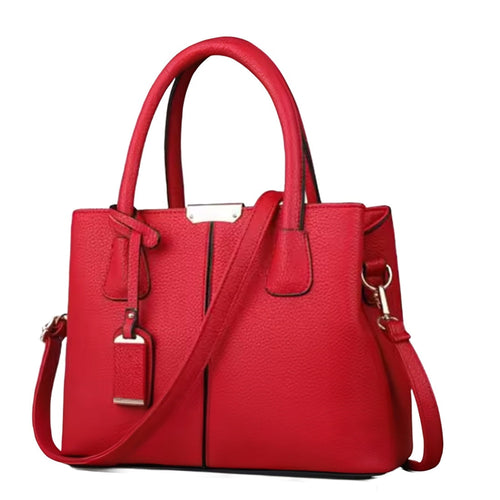 Urban Elegance Satchel red luxury vegan leather bag structured shape dual handles detachable strap gold tone hardware womens vegan leather tote