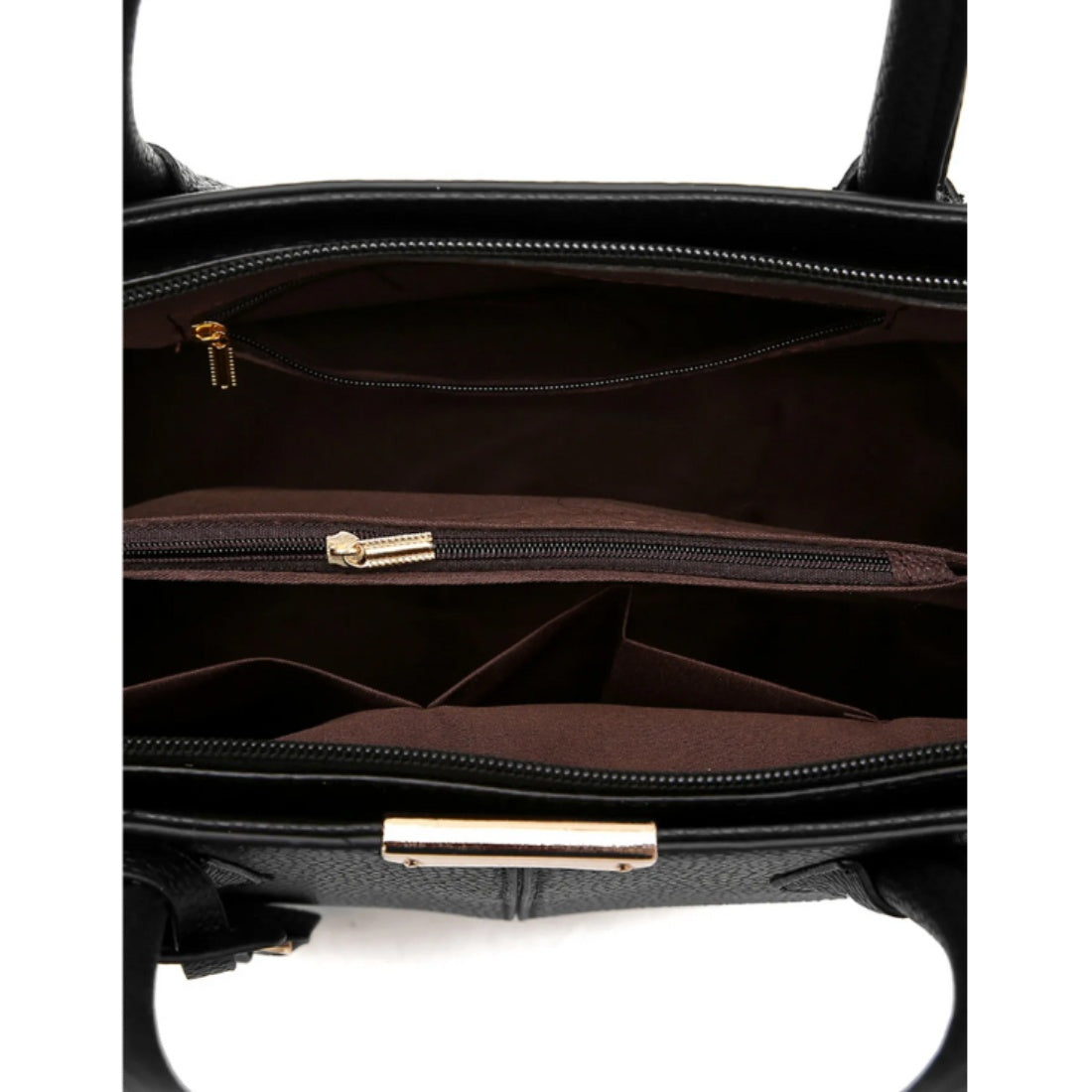 Urban Elegance Satchel in black vegan luxury leather shown with spacious interior lined fabric featuring zippered pocket open compartments and gold tone zipper pull showcasing refined organization durable premium construction and elevated everyday practicality